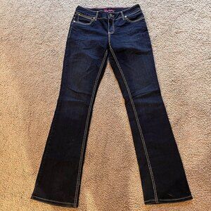 WRANGLER WESTERN BOOT CUT DARK WASH PINK STITCHED JEANS 7/8 X 36 ( 32"X36") TALL